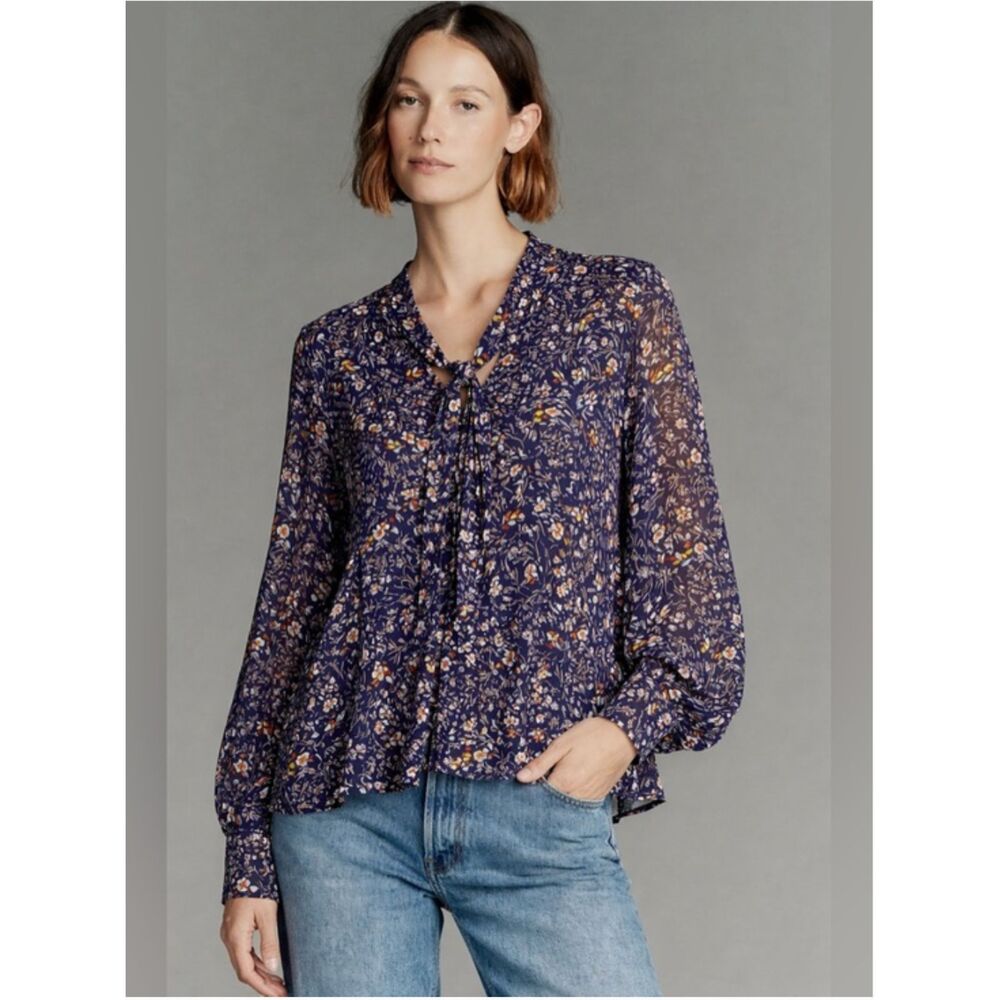 Anthropologie Maeve Navy Floral Tie Neck Blouse Sz S Boho Chic Retro Dainty